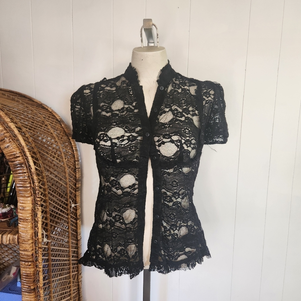 Y2K Whimsigoth Black Sheer Lace Top Blouse Shirt Vintage Size Small Goth Grunge - Picture 3 of 13